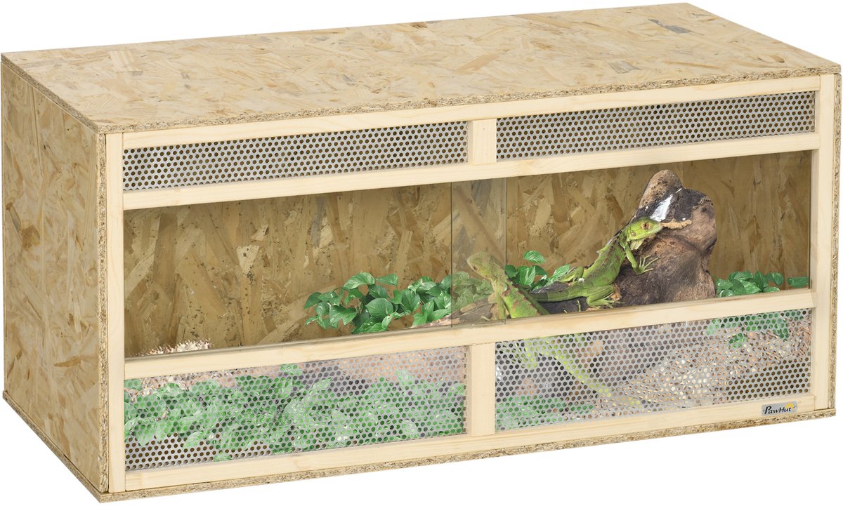 Terrarium van OSB-hout voor reptielen - met schuifdeur van glas - 100 x 47 x 47 cm - natuurlijke houtkleur