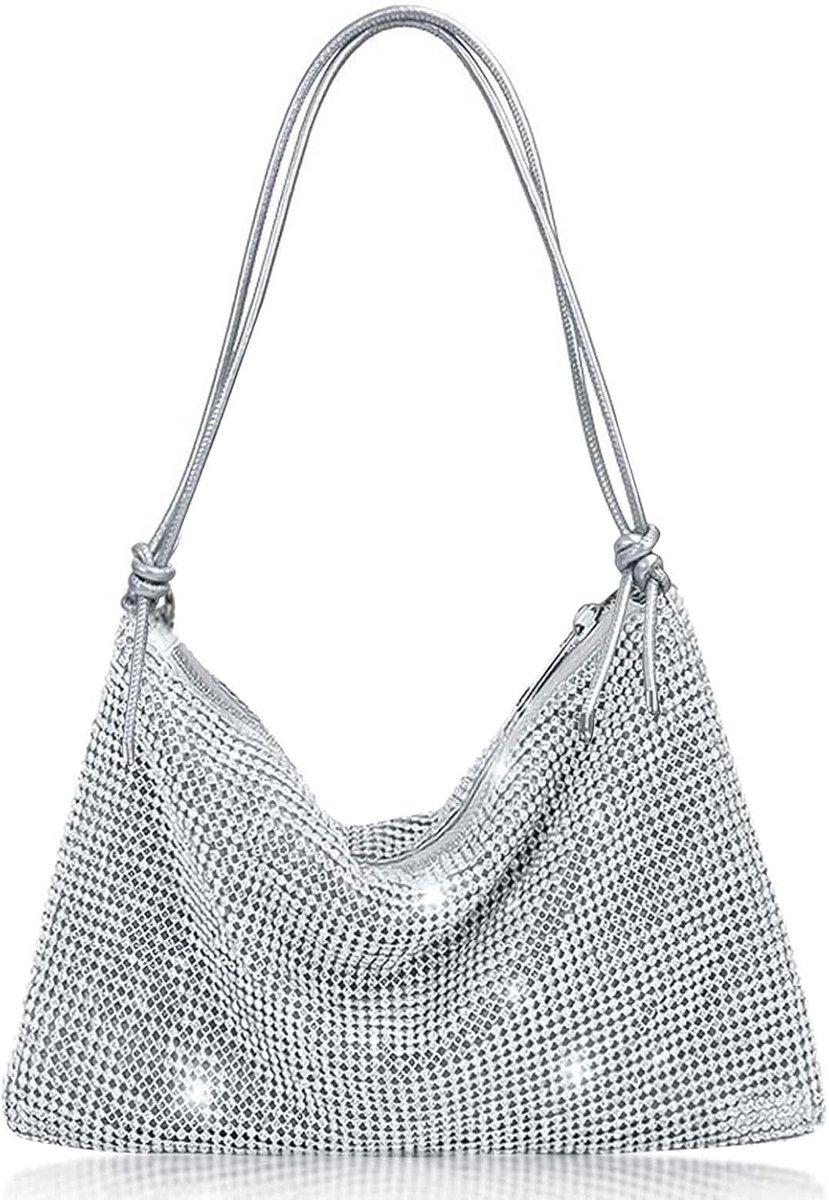 Rhinestone schoudertas dames - zilveren clutch - bling handtas - perfect voor avondfeest - ShopVlot