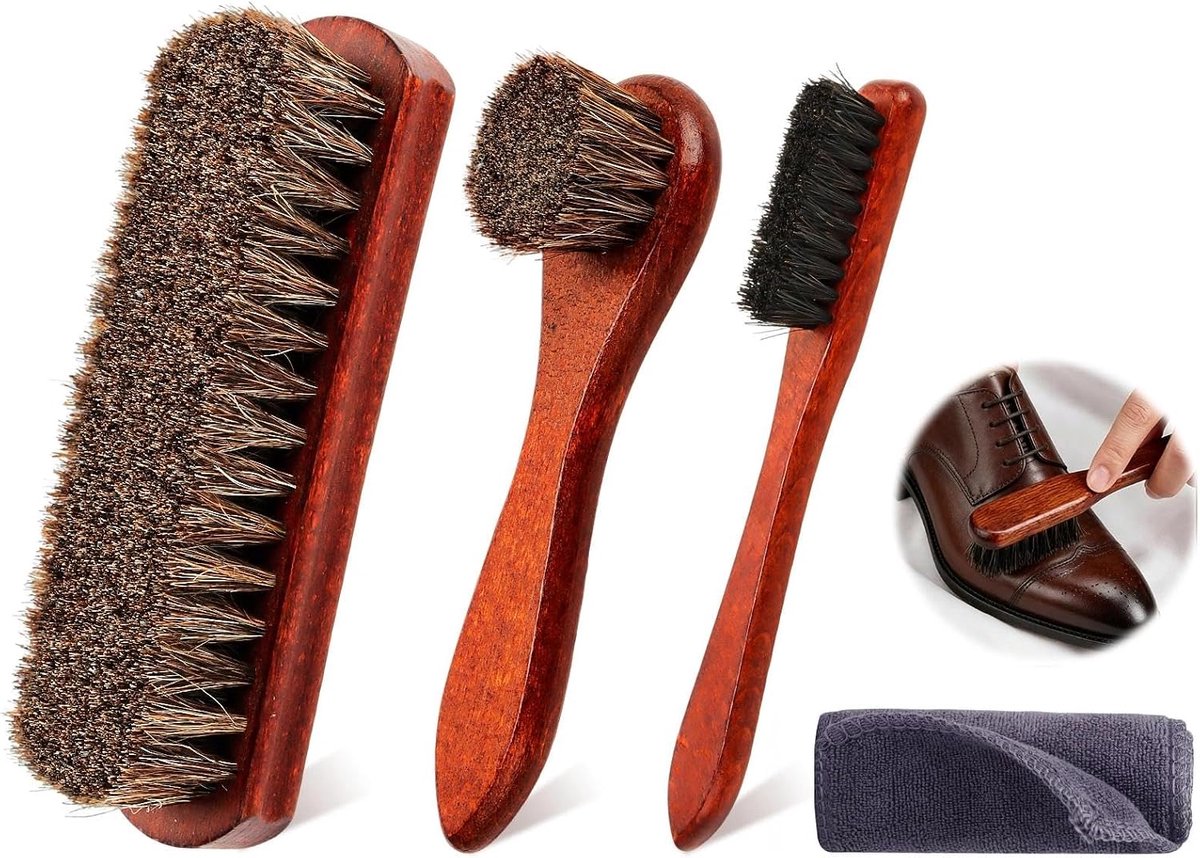 AKONE Paardenhaarborstel, paardenhaar, 3 stuks, schoenborstel met ronde kop en beukenhouten handvat, bruin, kleine - SnelShoppen