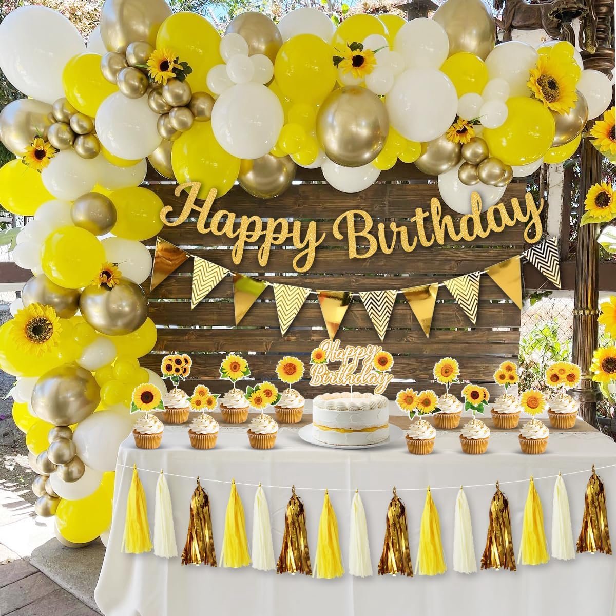 Verjaardagsversiering set - zonnebloemen - goud, geel en wit - perfect voor feestelijke verjaardagen - ShopVlot