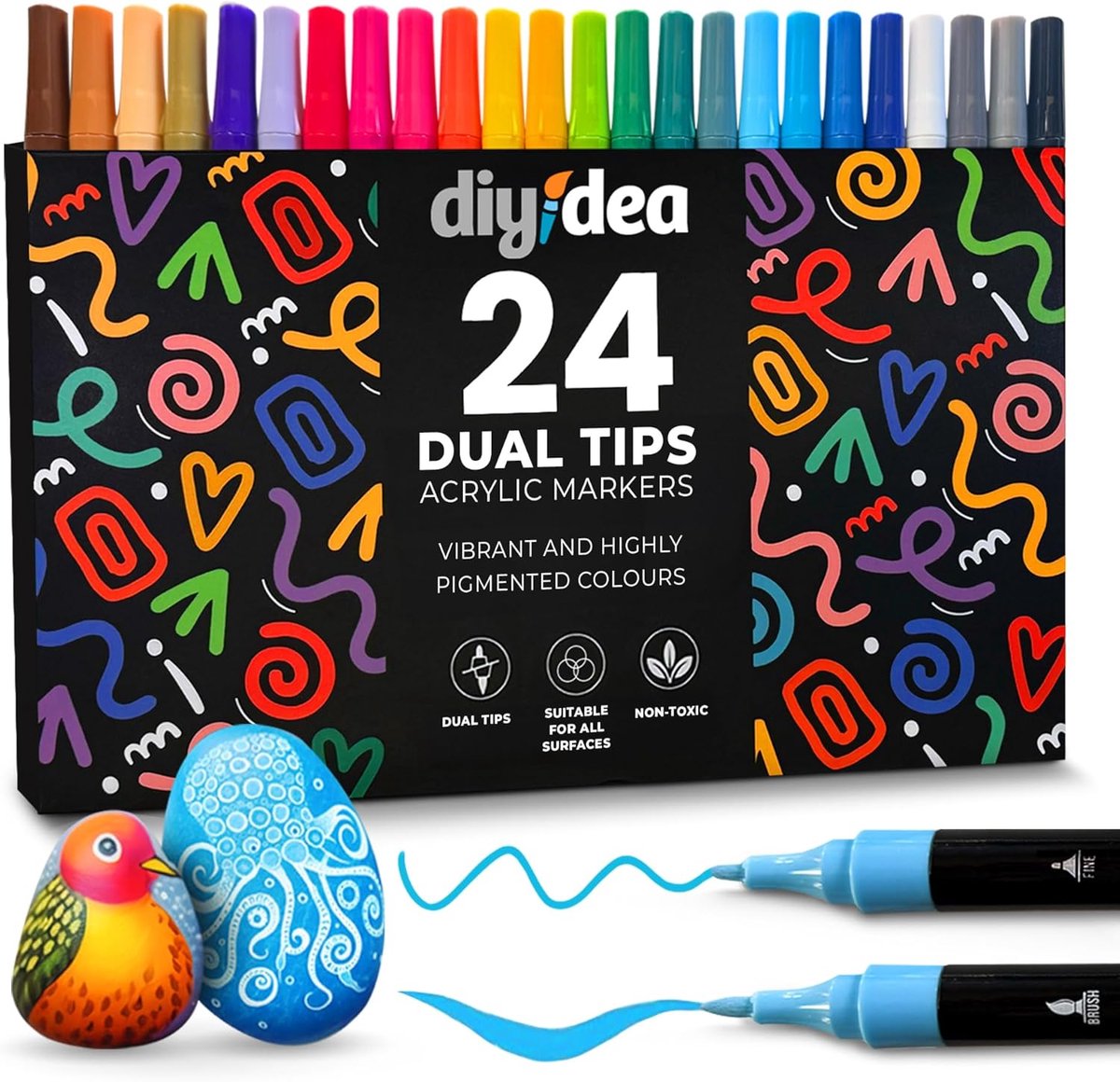 Acrylverf markers set van 24 - Dubbelpunt (kwast- en fijne tip) - Wateroplosbaar, snel drogend - ShopVlot