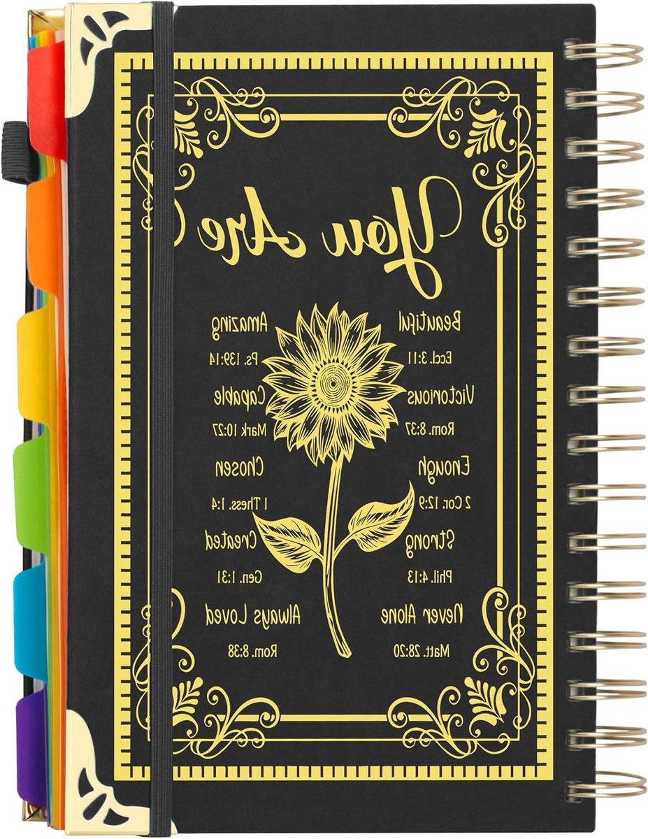 Spiraal Notitieboek - Hardcover Agenda - Notities Maken - 6 Vakken met Tabs - A5 Formaat - Zwart-Zonnebloem
