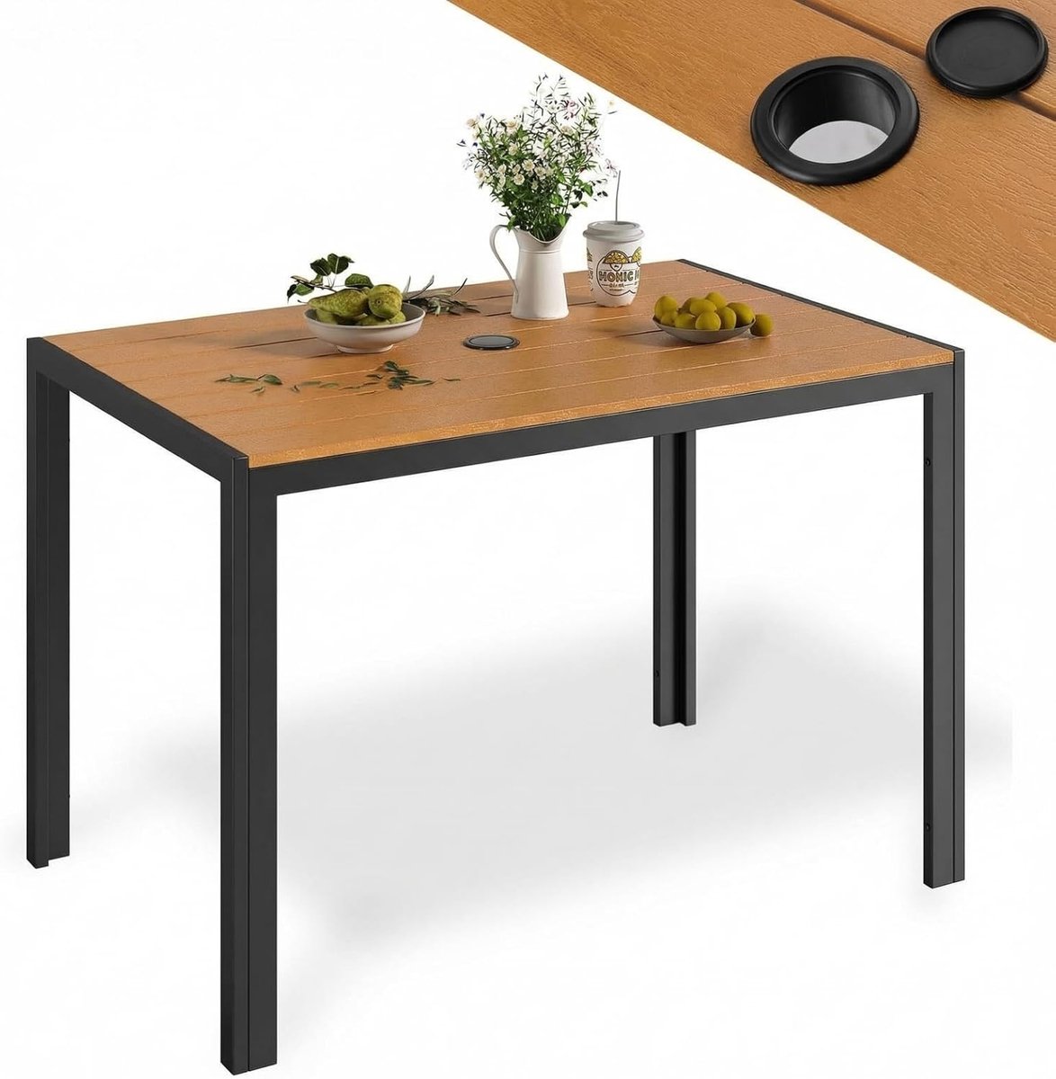 Tuintafel met parasolgat, 110 x 70 cm, balkontafel, weerbestendig, aluminium frame, WPC tafelblad, rechthoekige eettafel, outdoor, voor terras, teakbruin