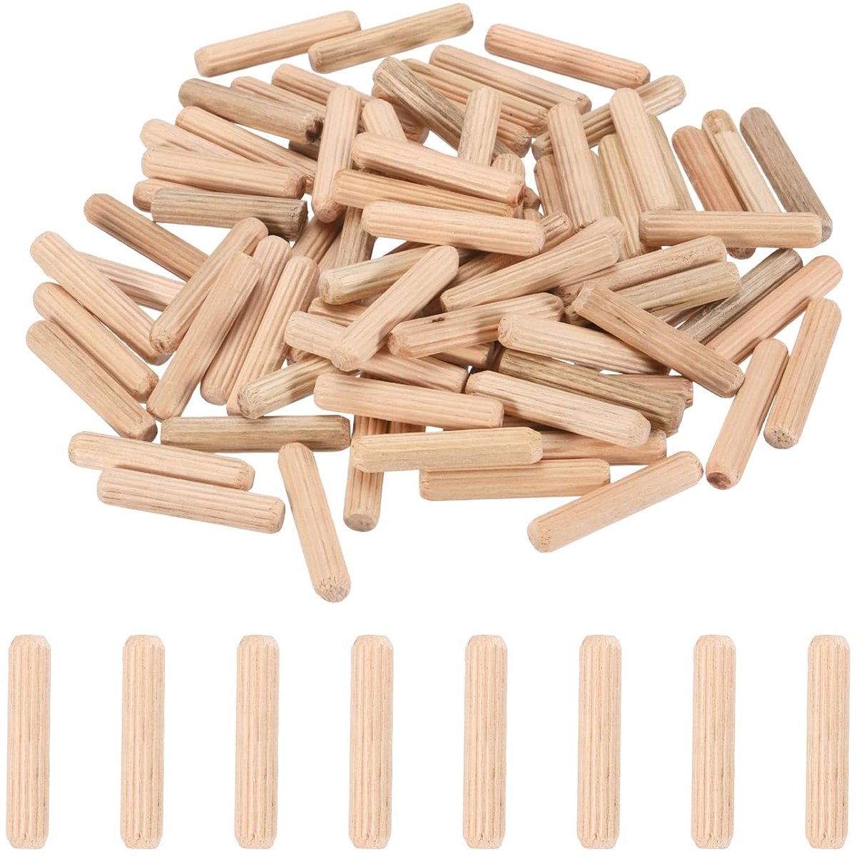 68 stuks houten stiften met een diameter van 1/4 inch, lengte 3,8 cm, geribbelde hardhouten staven voor meubels, deuren, houtbewerking en doe-het-zelfprojecten