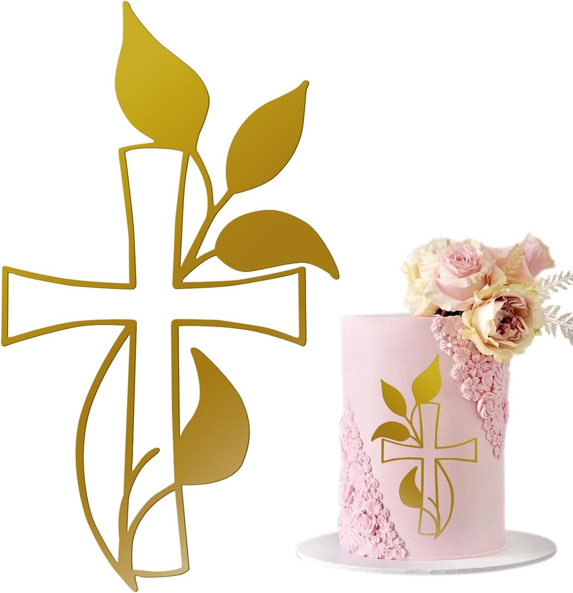 1 stuks taartdecoratie, kruis, taarttopper, duif, goud, acryl, taartdecoratie, glinsterend spiegeleffect voor bruiloft, verjaardag, Kerstmis, feest en meer, kruis en bladeren (B)