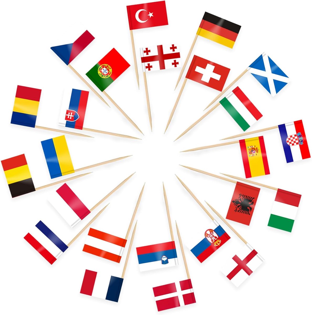 200 stuks Europese tandenstokervlaggen taarttoppers, 24 Europese landen cocktailstokvlaggen voor wereldbeker voetbal sandwich cupcake toppers Eurovisie Euro feestbenodigdheden