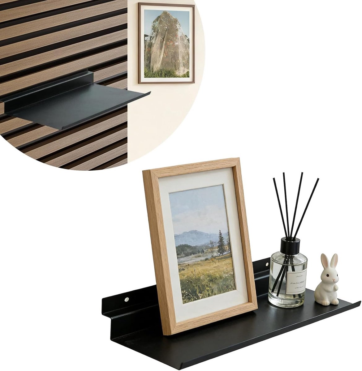 Panelen, akoestische panelen, accessoires, lamellen, wandplanken van metaal, akoestische panelen, plank, zwart, zwevend rek voor woonkamer, keuken, kantoor, 25 x 10 cm