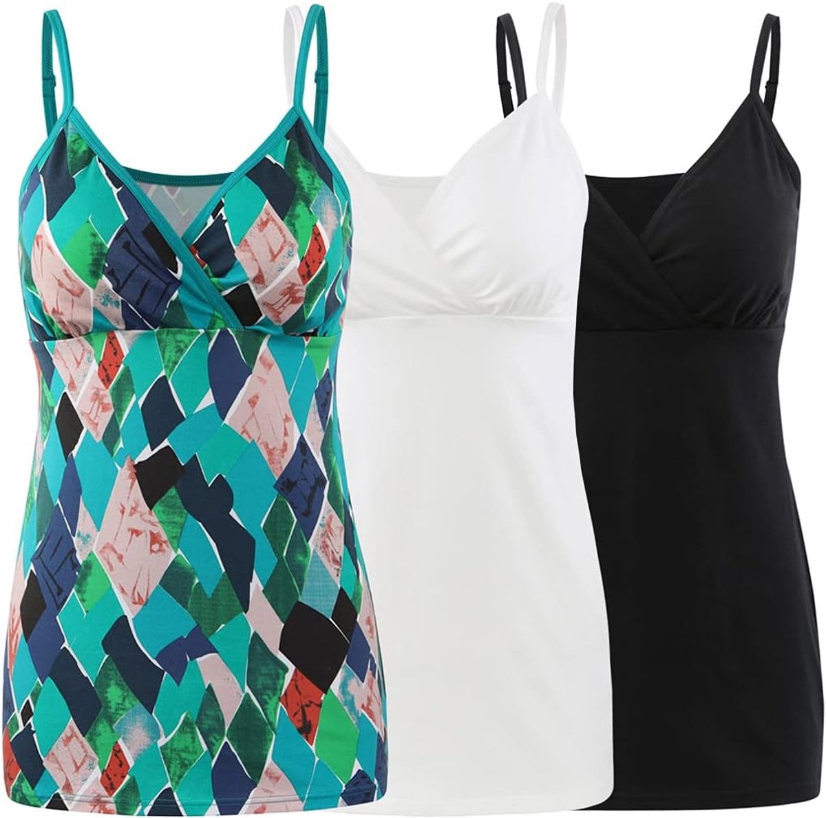 Tanktops voor borstvoeding, geïntegreerde beha voor borstvoeding, basic hemdje, Zwart+wit+groene print/3-pack, M
