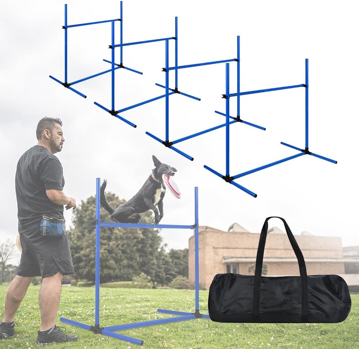 4-delige behendigheidshordenset PVC Slalom huisdier in hoogte verstelbaar trainingsstangen springstangenset voor honden katten conditionele training springkracht, beweeglijkheid - blauw