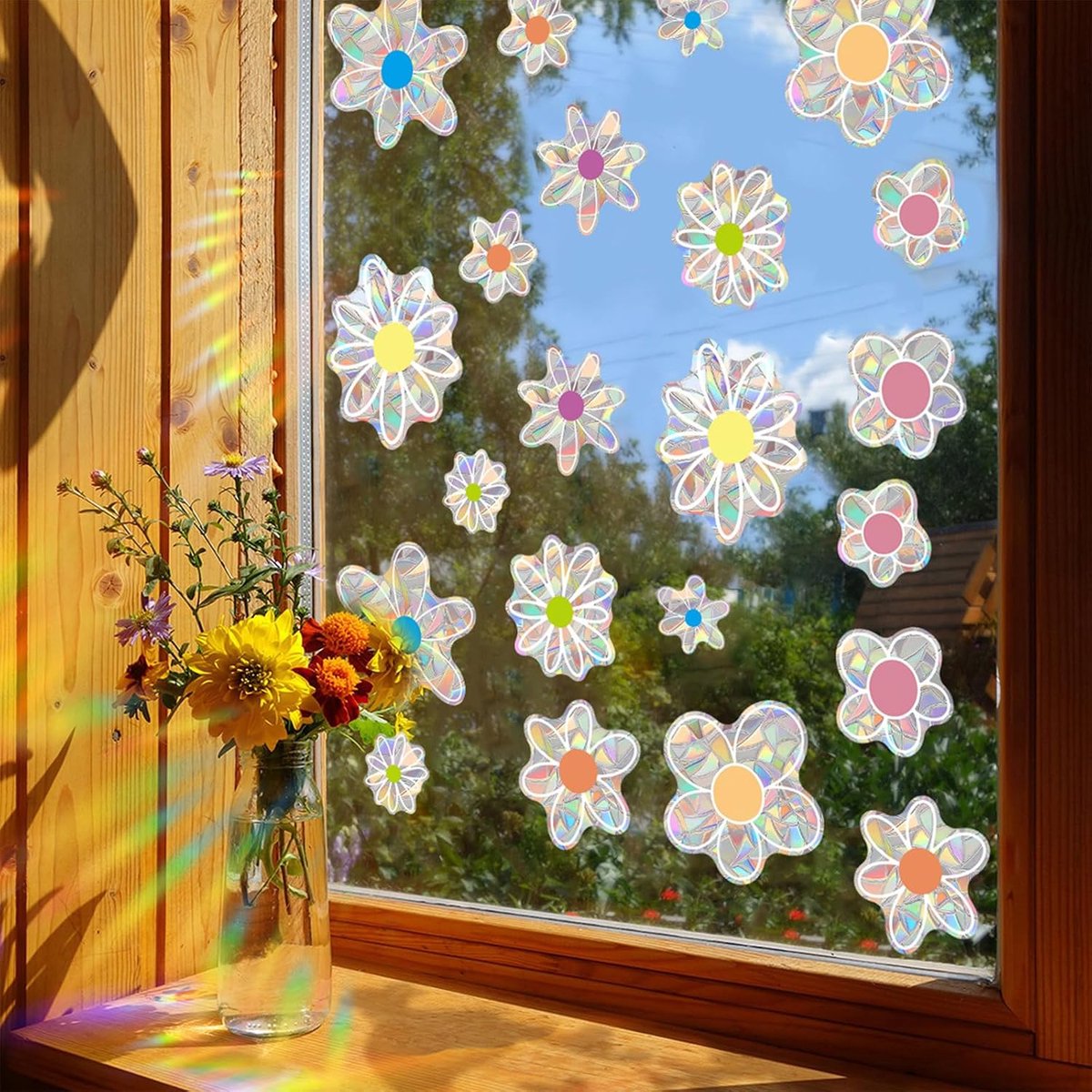 22 plakfolies voor bloemenglas van prismatisch vinyl, zonnevanger met regenboogreflectie, decoratieve raamstickers, vogelbescherming, glazen deuren