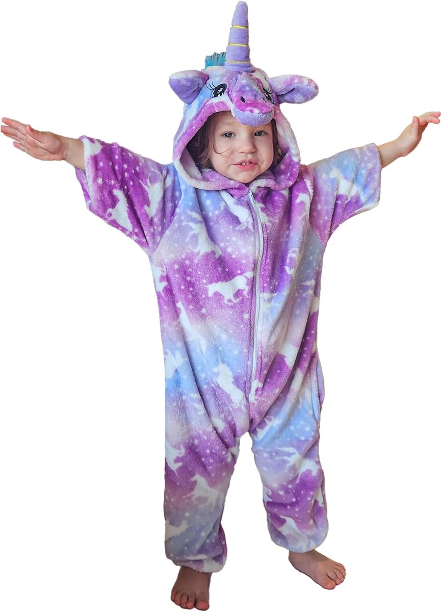 Meisjespyjama, eenhoorn-kostuum, 2-10 jaar, 6 kleuren, eendelig, fleece, flanel, met capuchon