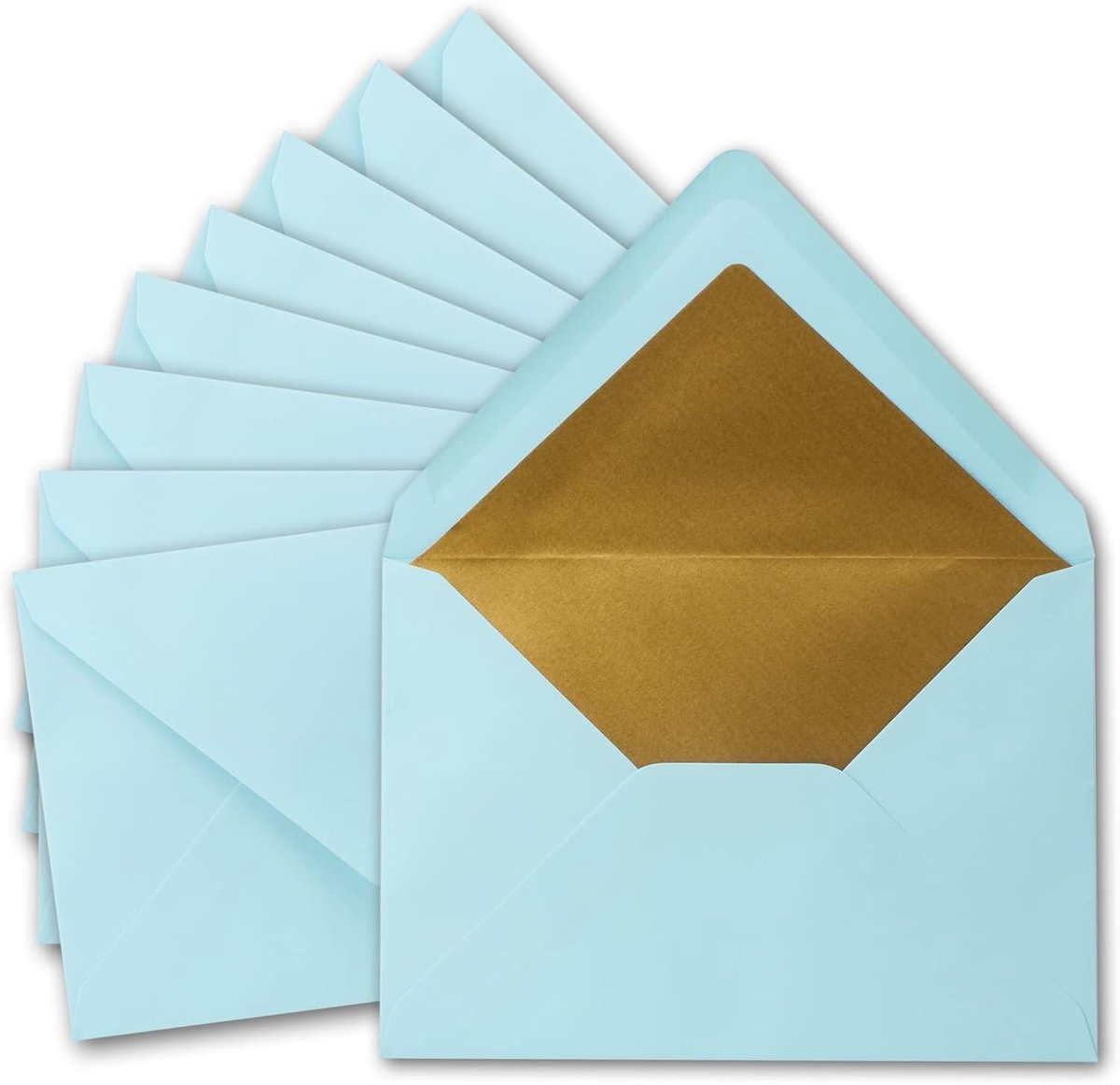 By Gustav Neuser Enveloppen, metallic-goudkleurig gevoerde enveloppen, lichtblauw (blauw) formaat C5, 156 x 220 mm, natte plakrand met puntige flap, 25 stuks