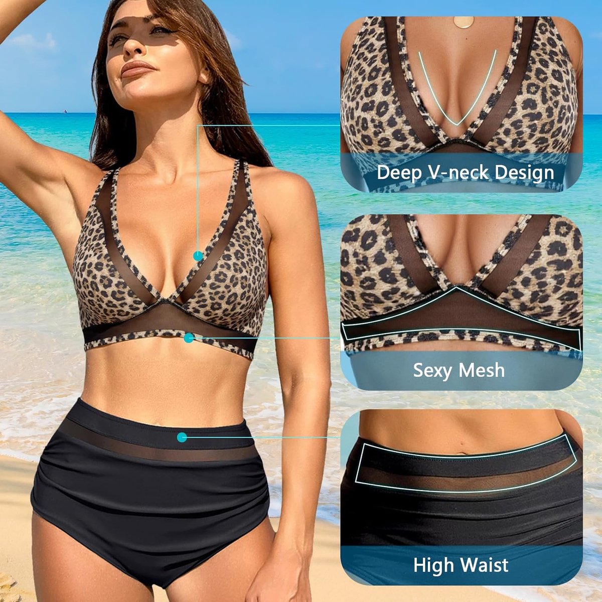 Sets voor dames, hoge taille, 2-delig, push-up-badpak, met zachte bekleding, tweedelig, V-hals, buikcontrole, strandbikini, zomer, buik-weg