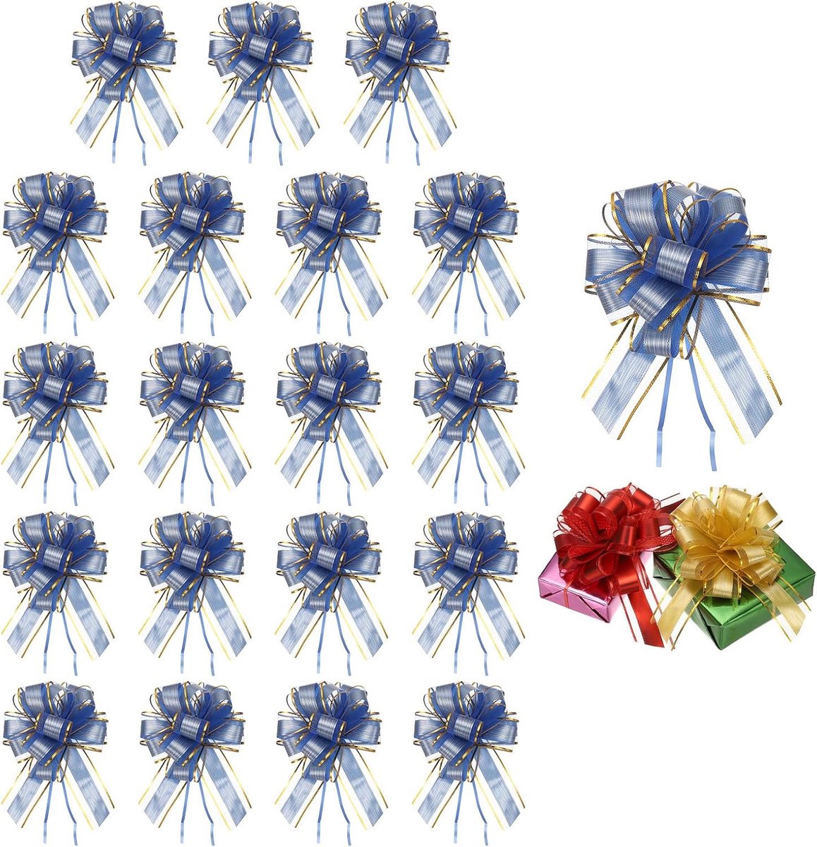20 stuks grote trekstrik, geschenkverpakking, 20 cm lint organza metallic blauwe strikken voor geschenkverpakking, bruiloftsmanden auto