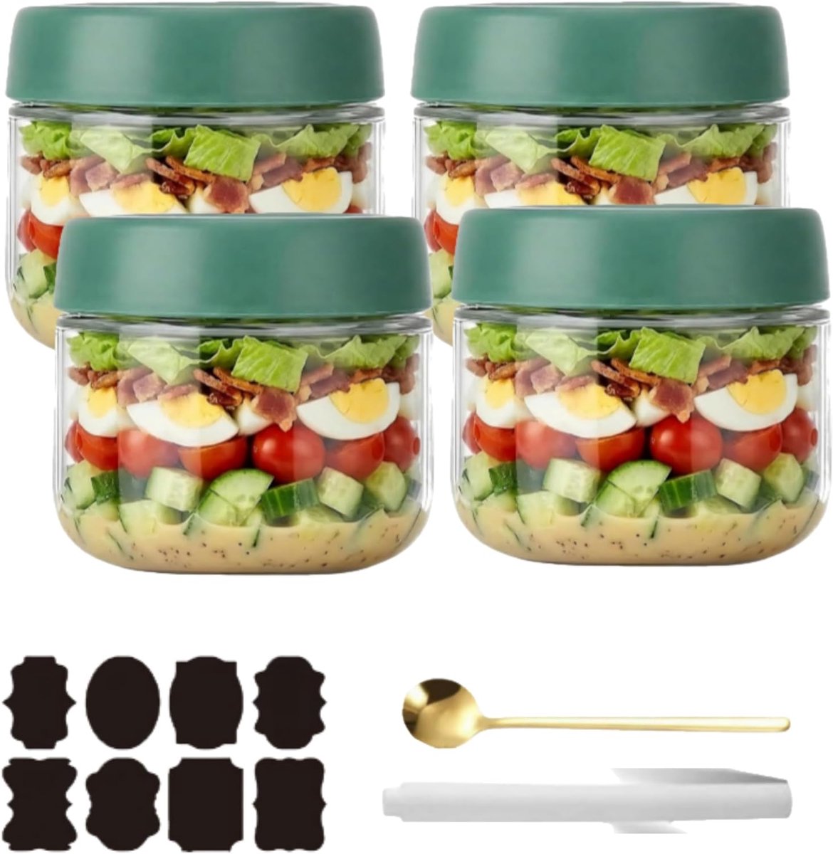 Potten, Overnight Oats-potten met deksel, Meal Prep, Herbruikbare weckpotten voor zelfgemaakte jam, Mason Jar met lepel, Etiket (Groen, 300ML)