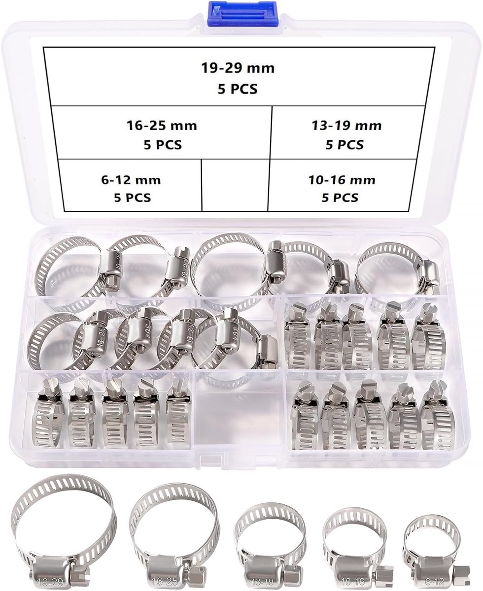 25 Stuks 6-29 mm Slangklemmenset, 304 Toestvrijstalen Slangklemmen, Verstelbare Slangklem, Wormwielslangklemmen, voor Waterleidingen, Sanitair, 5 Maten
