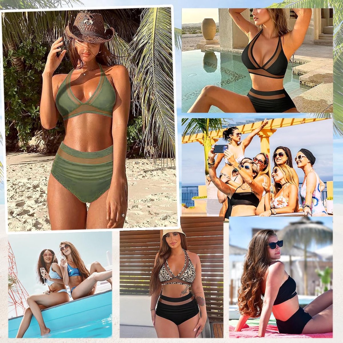 Sets voor dames, hoge taille, 2-delig, push-up-badpak, met zachte bekleding, tweedelig, V-hals, buikcontrole, strandbikini, zomer, buik-weg