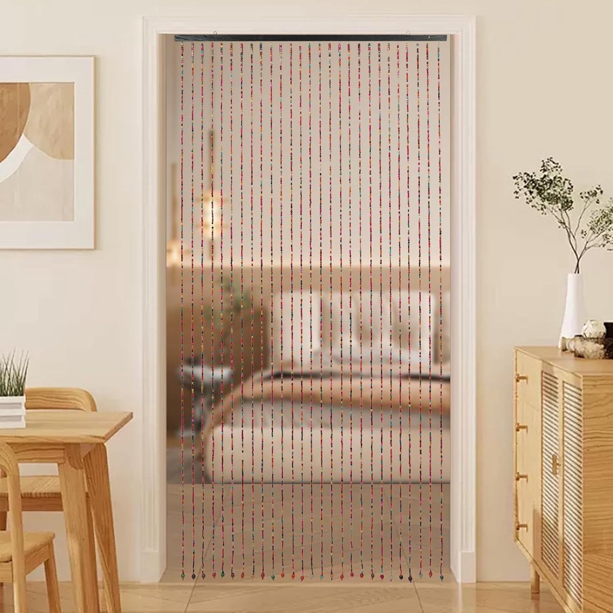 90 x 175 cm, deur, draadgordijnen, kralen, hangende franjes, hippie, ruimteverdeler, bamboe, parelgordijn, bohemian gordijn, hangende decoratie voor deuren, kasten