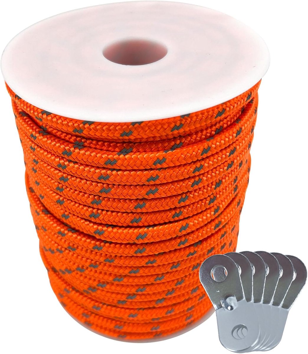 5 mm nylon reflecterende scheerlijnen met 6 x spanners, 30 m tentlijn voor camping, spankoord - tentkoord (oranje, 5 mm)