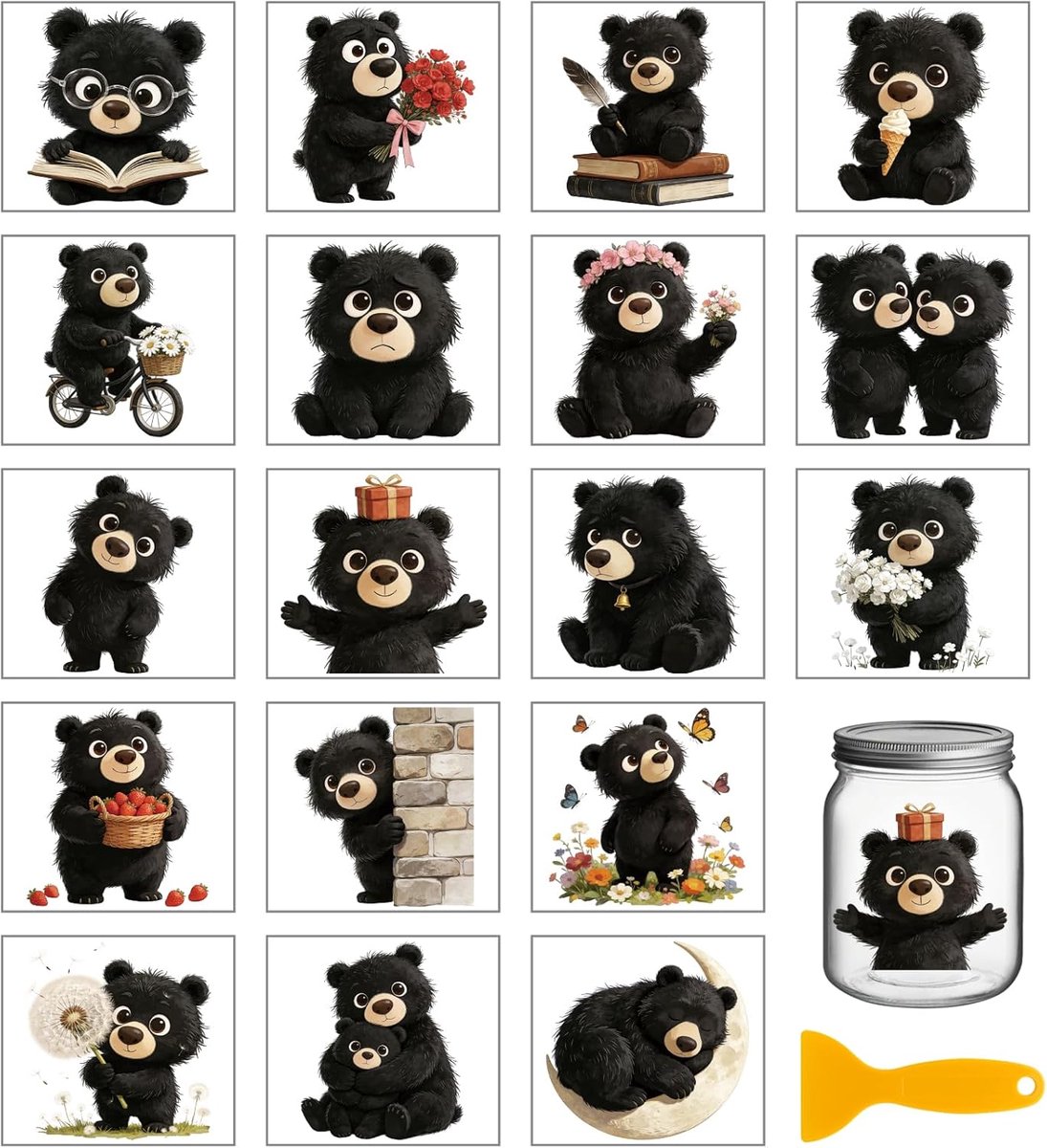 18 vellen grappige zwarte beer transfer sticker voor beker ambachten 9,9 x 9,1 cm schattige dieren sticker stickers beer dagelijks wrijven op transfers voor fles vaas glazen meubels decor