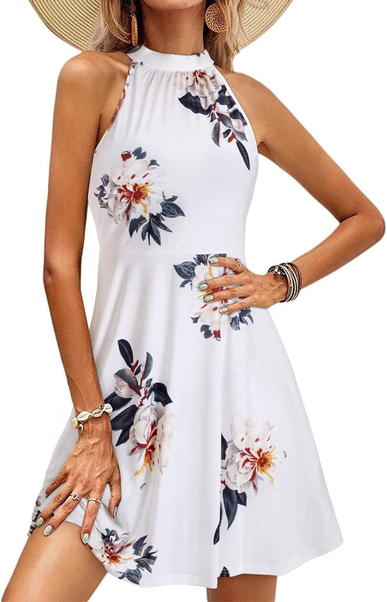 Vrouwen Mouwloos Halter Hals Zomerjurk Casual Katoenen Soondress