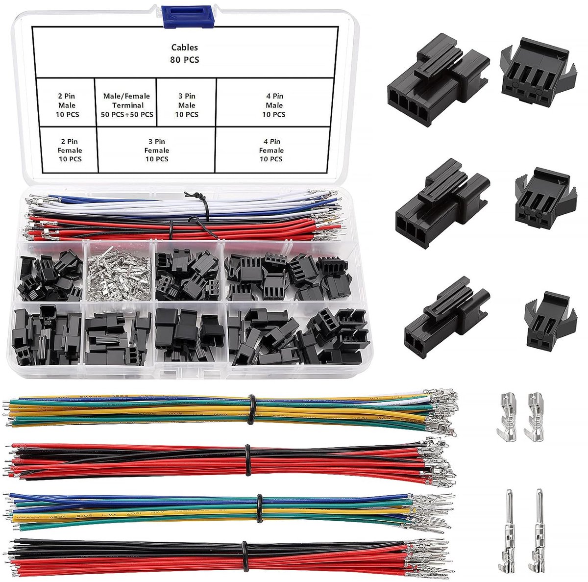 240 Stuks 2.5mm 2/3/4-Pins JST-SYP Connectorset, JST SYP Vrouwelijke en Mannelijke Stekkerbehuizing Krimpconnectorset, met 22AWG Enkelvoudige Kop Voorgekrompen Kabeldraad