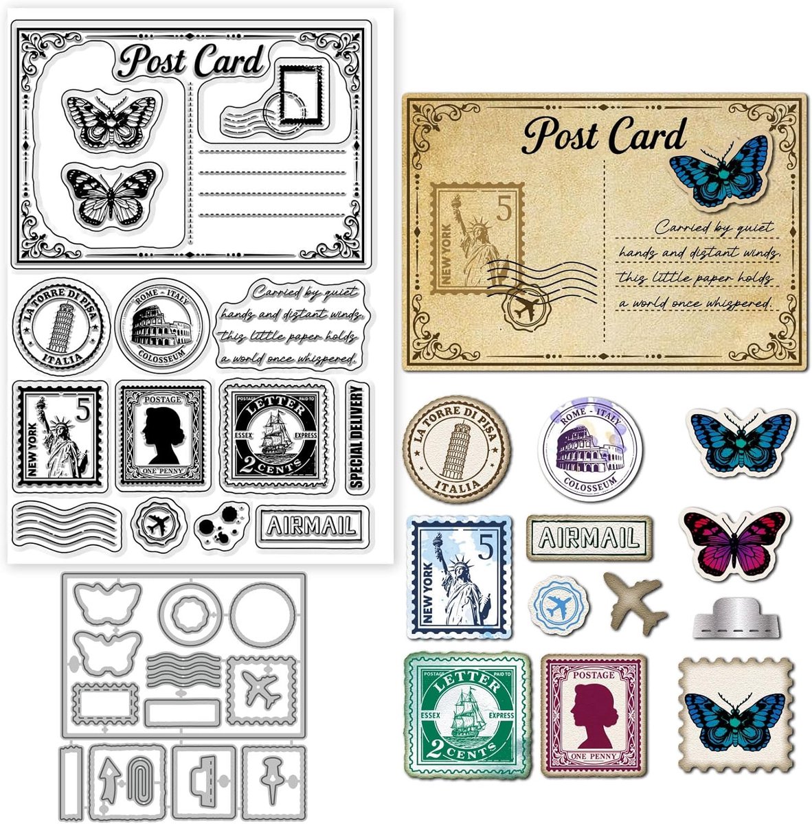 Vintage ansichtkaartstempel, transparante stempel en stansvormen, set voor het knutselen van kaarten, vlinders, reisansichtkaarten, transparante siliconen stempel, retro frame, metalen