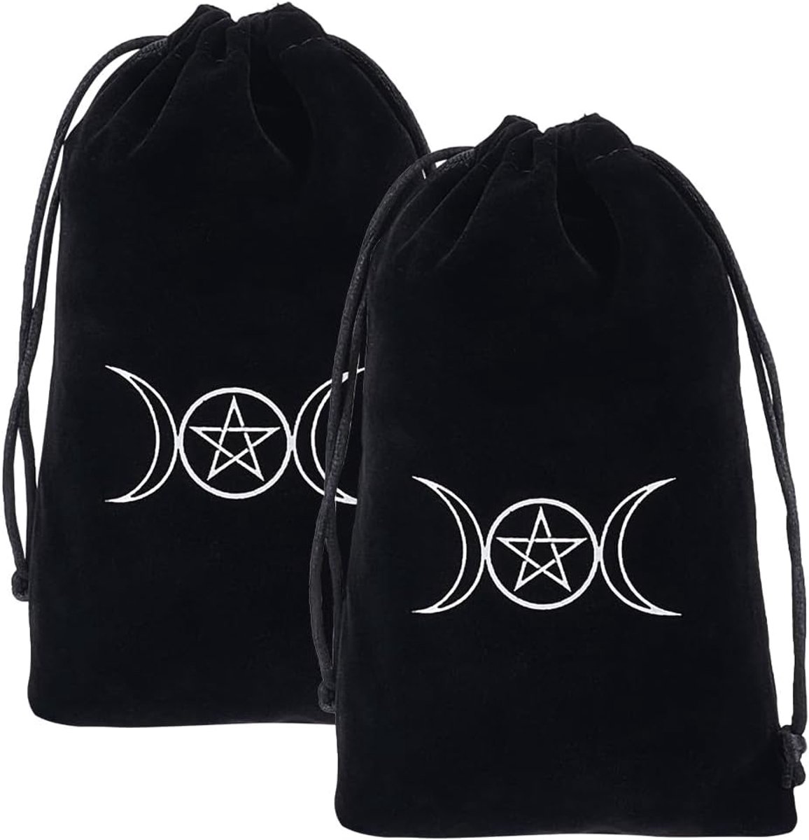 2 stuks zwarte tarot opbergtassen van fluweel met trekkoord, cadeauzakje met pentagram en maanbescherming voor heksen, tarot dobbelstenen, kaarten, sieraden, kristal, waarzegger,