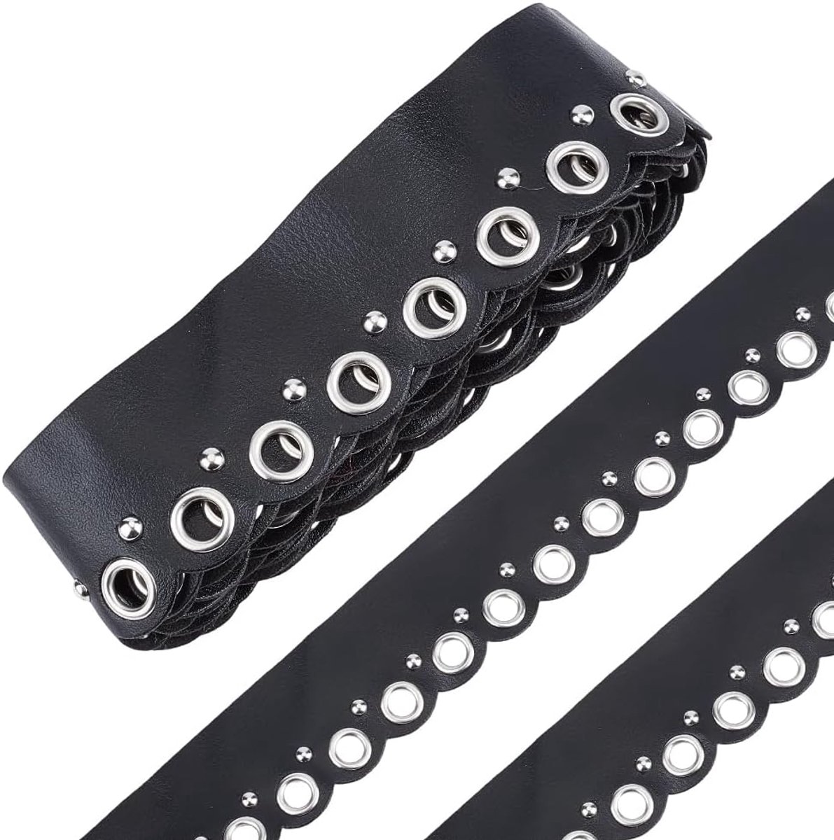 1,83 m Klinknagels van PU-leer, 3,1 cm breed, zwart leren band met oogjes, zilveren metalen ring met ogen, golvende rand, decoratief sierband voor overhemden, jurken, rokken en jassen