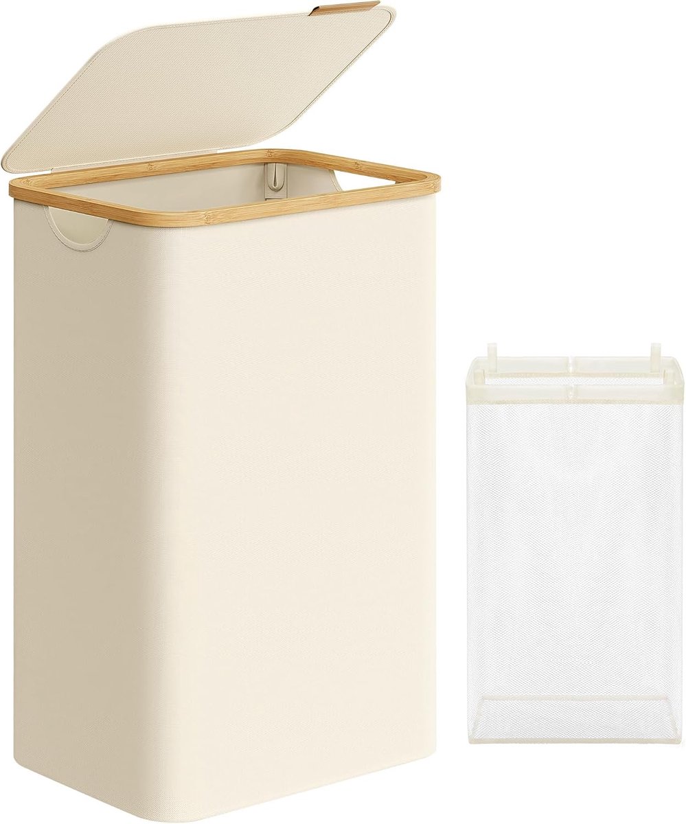 Wasmand met deksel, 90 l wasmand, verwijderbare waszak, Oxford-stof, bamboehandvatten, opvouwbaar, 42 x 32 x 70,5 cm, crèmewit LCB509W01