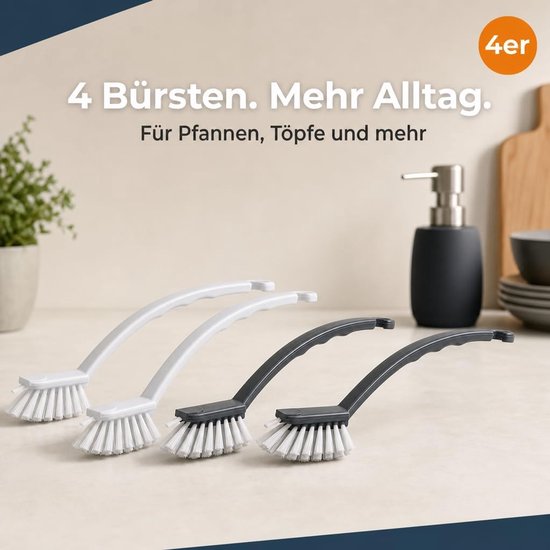 4-pack hoogwaardige afwasborstels met extra lang handvat en schraper. Perfecte spoelhulp voor een stralend schone keuken. Onmisbaar voor pannen, potten en servies, wit en grijs — afbeelding 2