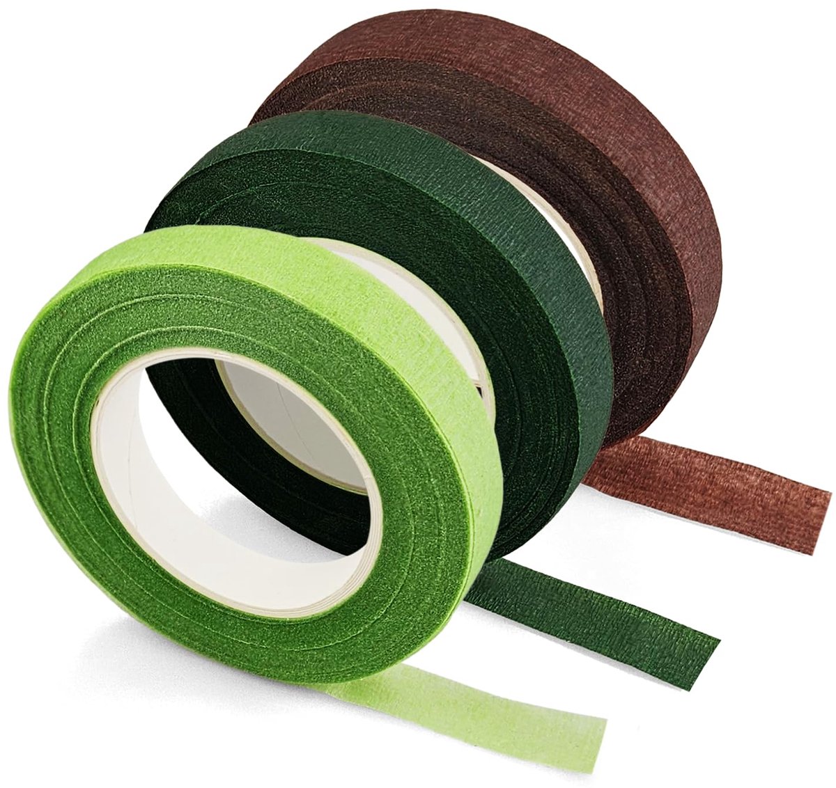 Bloemistband, set van 3 kleuren, bruin, lichtgroen, groen, elk 1 rol van 12 mm x 25 m, zelfklevend, rekbaar, voor bloemen, kransen, bloemschikken, doe-het-zelf