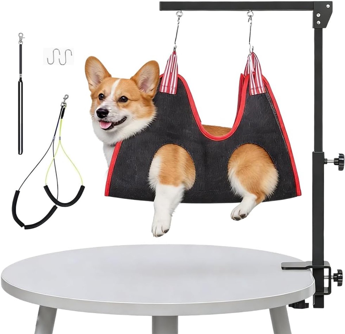 Hondenkaptafel met klem, in hoogte verstelbare verzorgingstafel voor kleine en grote honden, met 2 niet-zittende houders, enkele hendel, 45-91 cm