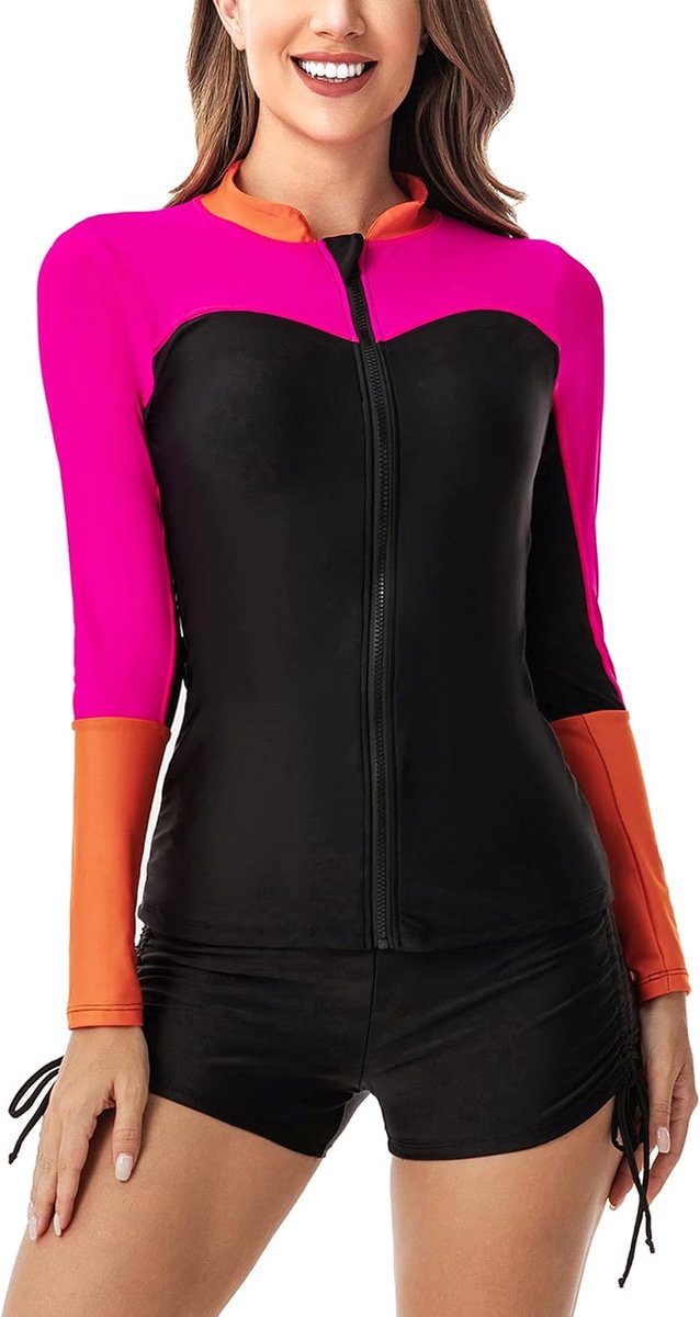 Rash Guard tweedelig badpak voor dames, lange mouwen, UPF 50+, uv-bescherming, slim fit, zonnebescherming, badmode, shirt en shorts, S, M, L, XL, XXL, 3XL