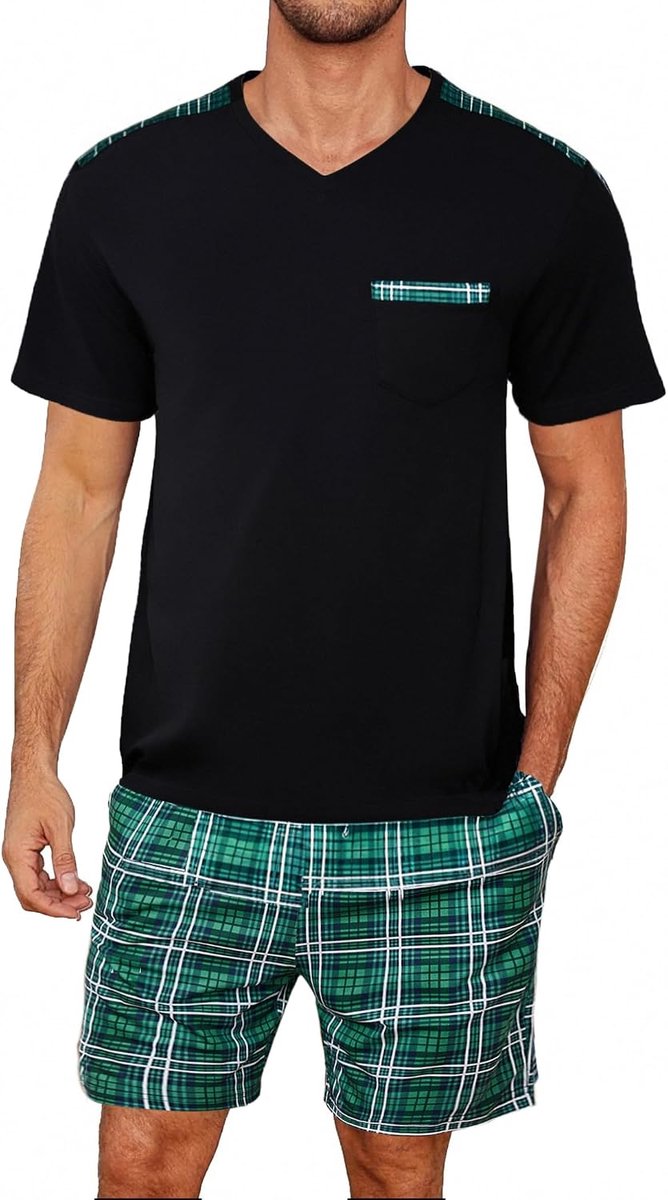 Korte herenpyjama van katoen, zomer, korte mouwen, met zakken en geruite broek, zacht en comfortabel, 2-delig