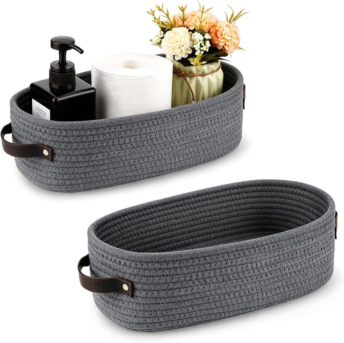 Opbergmand van gevlochten katoenen touw | 2 stuks 33 × 15 × 10 cm, opbergmanden met handgrepen, organizer voor het aanrecht, badkamer, papieren dozen