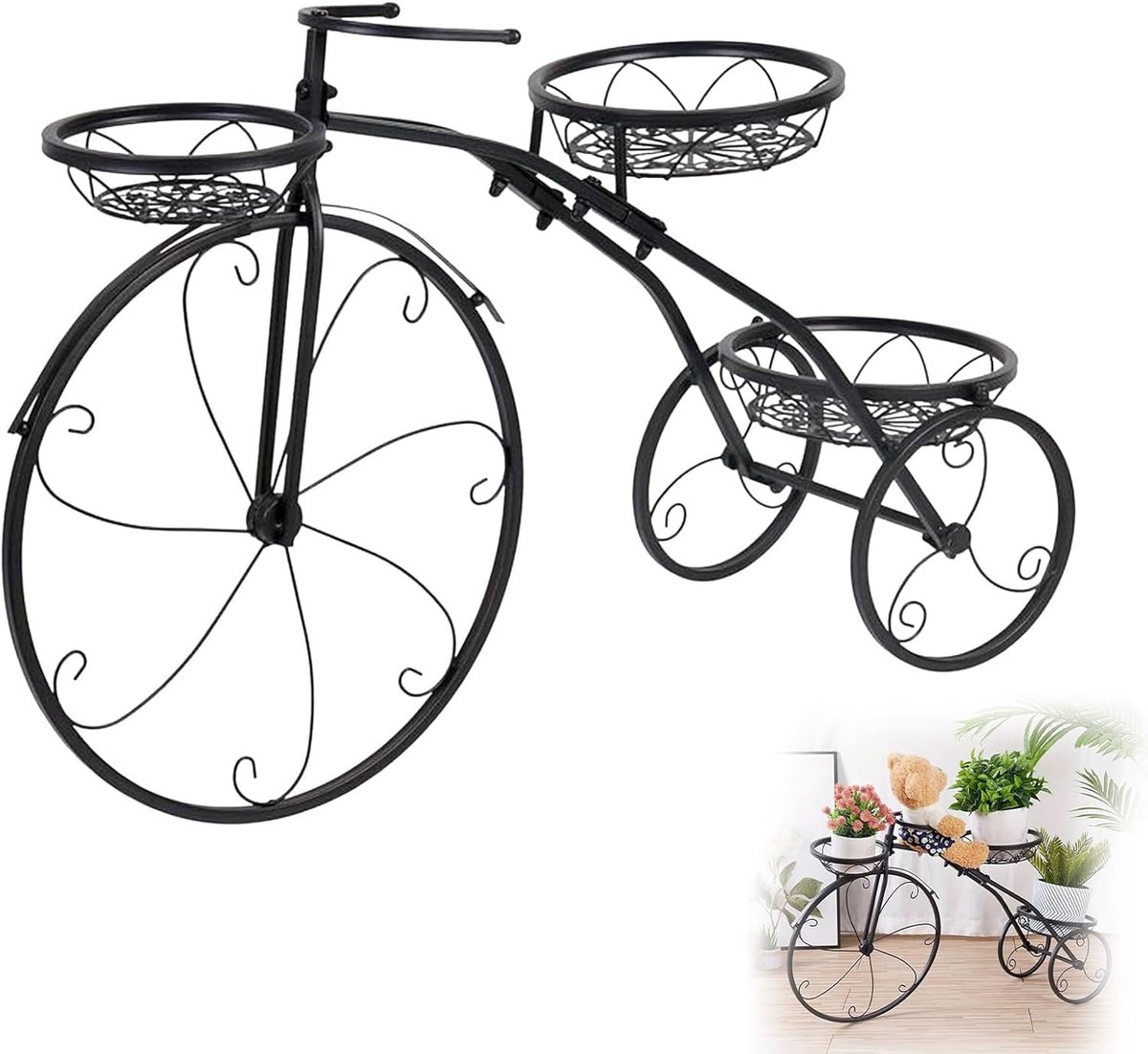 Metalen plantenstandaard fiets retro, bloemenstandaard met 3 manden | Vintage driewieler bloempot standaard voor balkon, tuin, terras, binnenplaats, binnen en buiten, decoratie