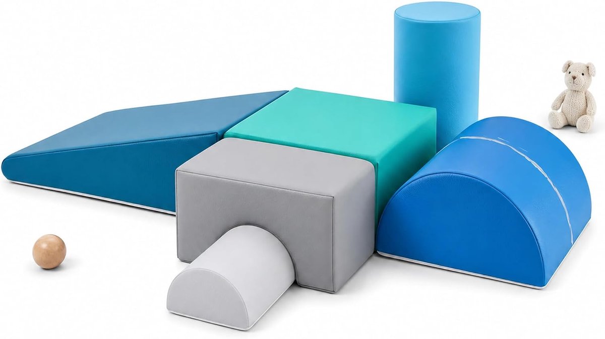 Schuimrubberen bouwstenen voor kinderen, klimmen: 6 PU-leder, indoor zachte bouwstenen, baby Montessori klimspeelgoed met ellipsenboog