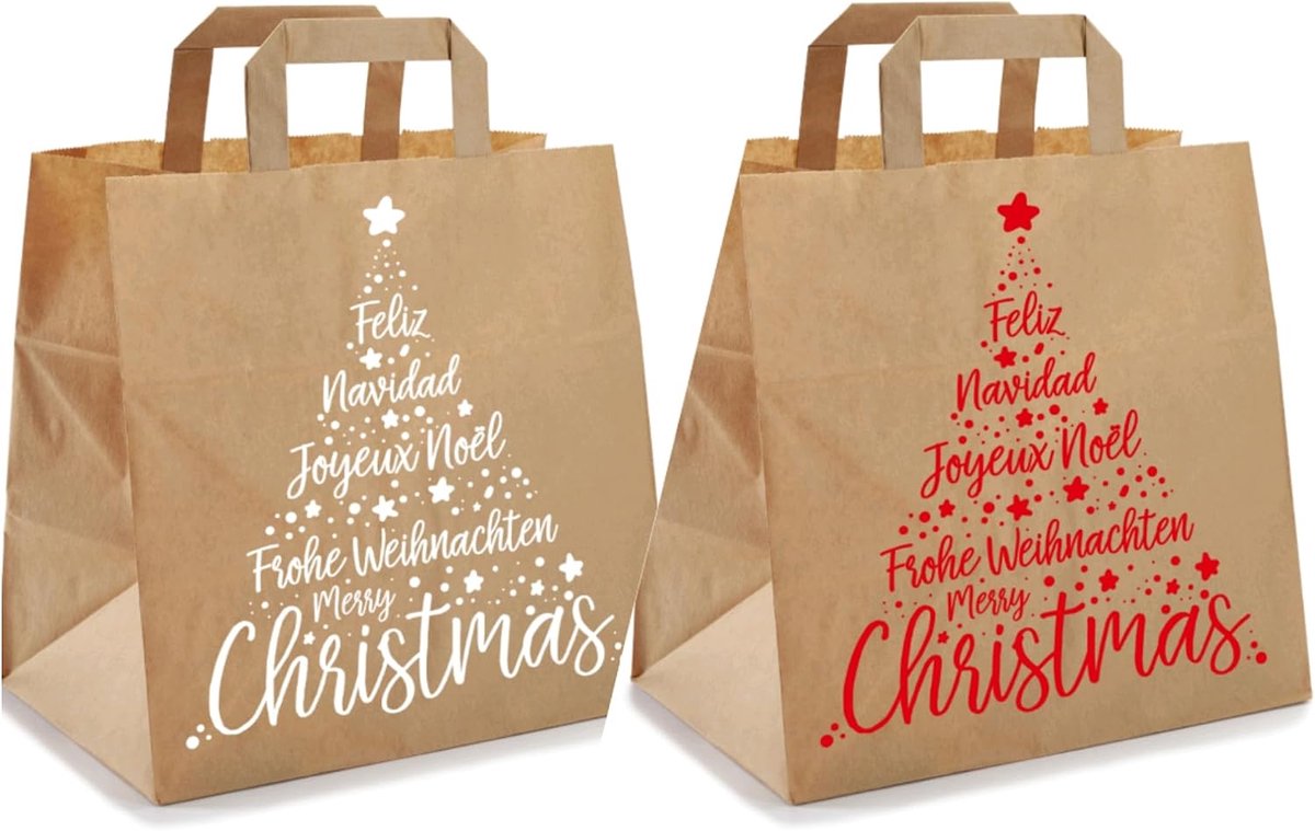 Kraft Papieren Kersttassen 26 x 17 x 25 cm - Rood en Wit - Met Handvatten - Perfect voor Cadeaus - SnelShoppen