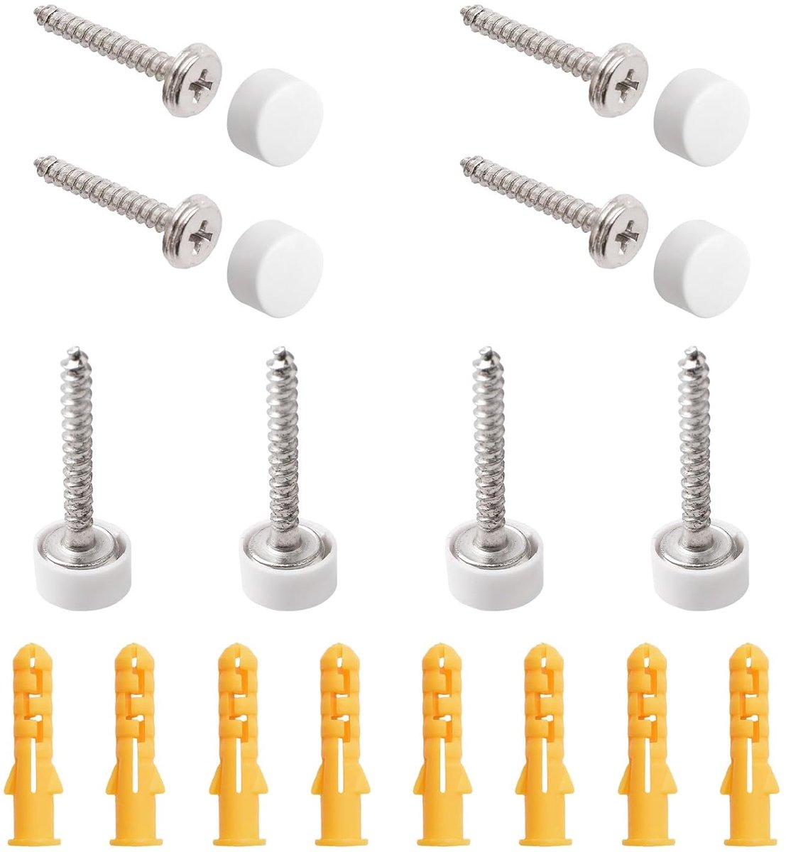 Spiegelschroeven, 20 sets 12 mm, 304 roestvrij staal, dikkere spiegelnagels met plastic dopjes, wit