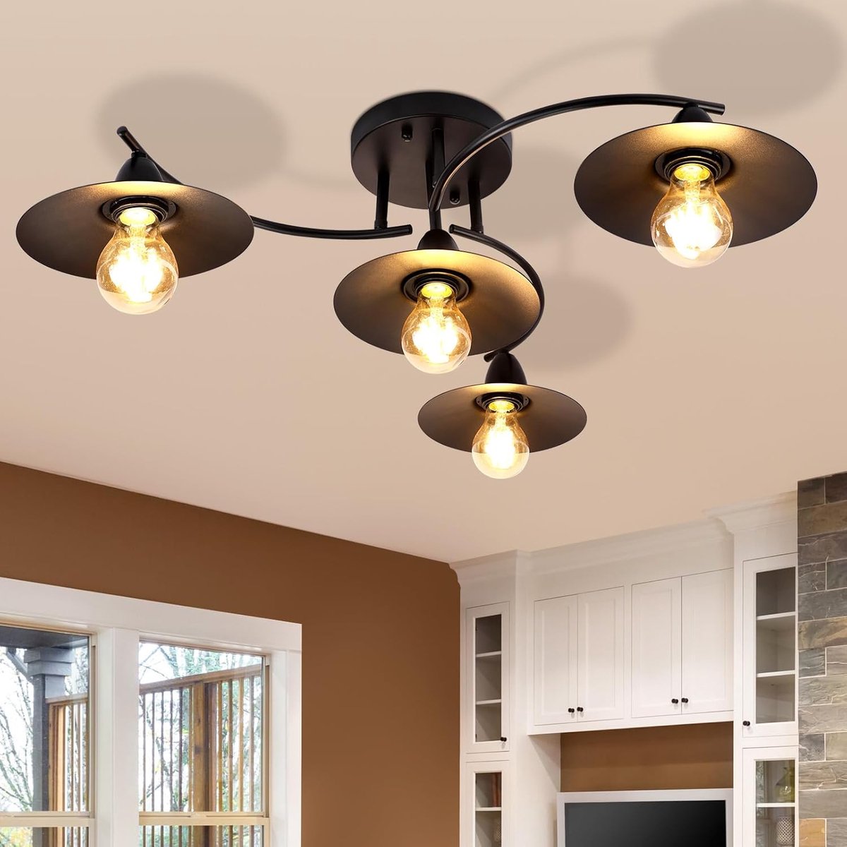 Plafondlamp vintage plafondlamp E27 retro zwart woonkamerlamp 4 lampen | industriële hallamp binnen slaapkamer lamp eetkamer lamp woonkamer verlichting - lamp niet inbegrepen