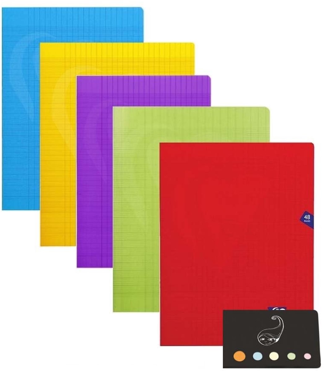Notitieboek, 5 stuks, 17 x 22 cm, 96 pagina's, grote ruitjes + 1 zelfklevende index Blumie (5 helder)