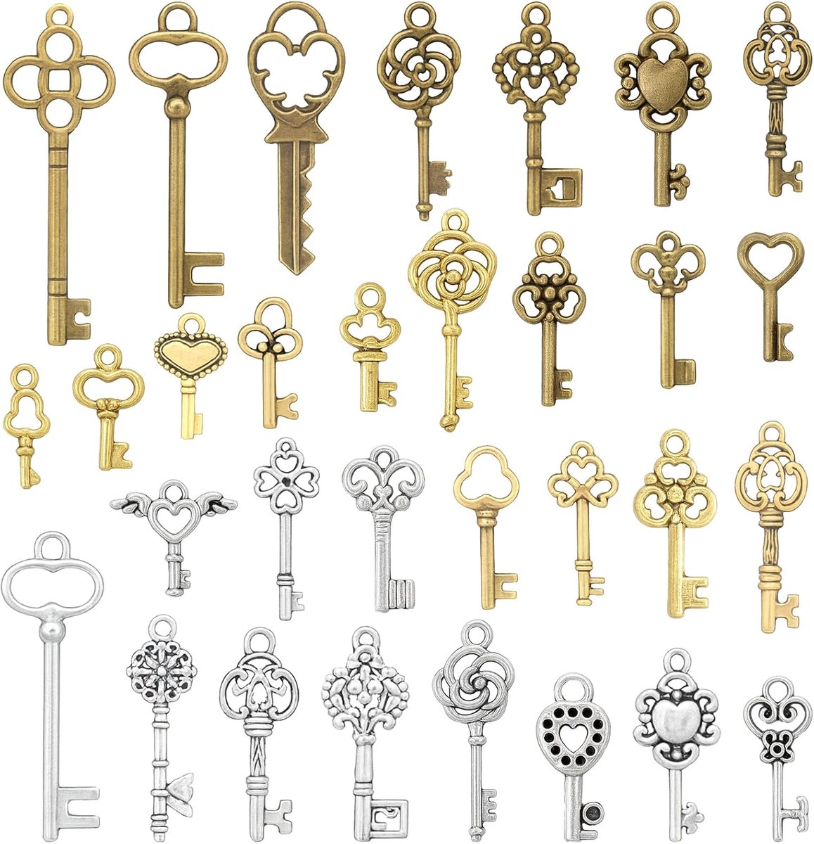 Bedels, antieke vintage skeletsleutel, hangerset voor doe-het-zelf sieraden maken, knutselen, halsketting, armband, bruiloftsdecoratie, geschenken (goud, brons, zilver)