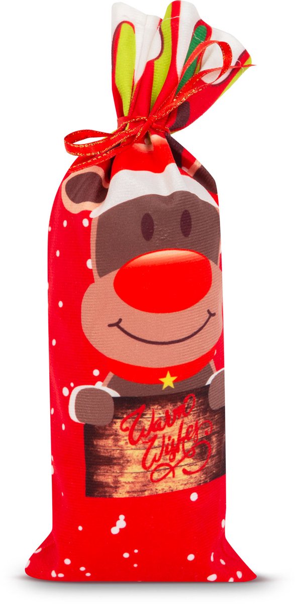 Kerst drankfleshouder met lint - Rendier - polyester - 32 x 12,5 cm 1 Stuks [58727C]