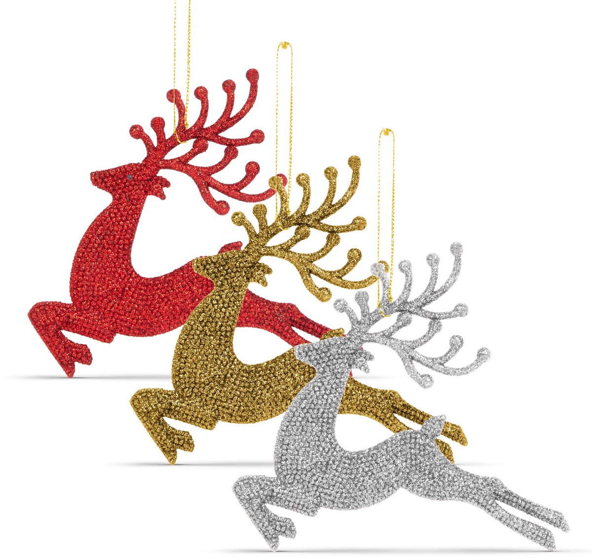 Kerstboomversiering - glitter rendier - 12 cm - rood / goud / zilver - 4 stuks / verpakking 1 Stuks [58680]
