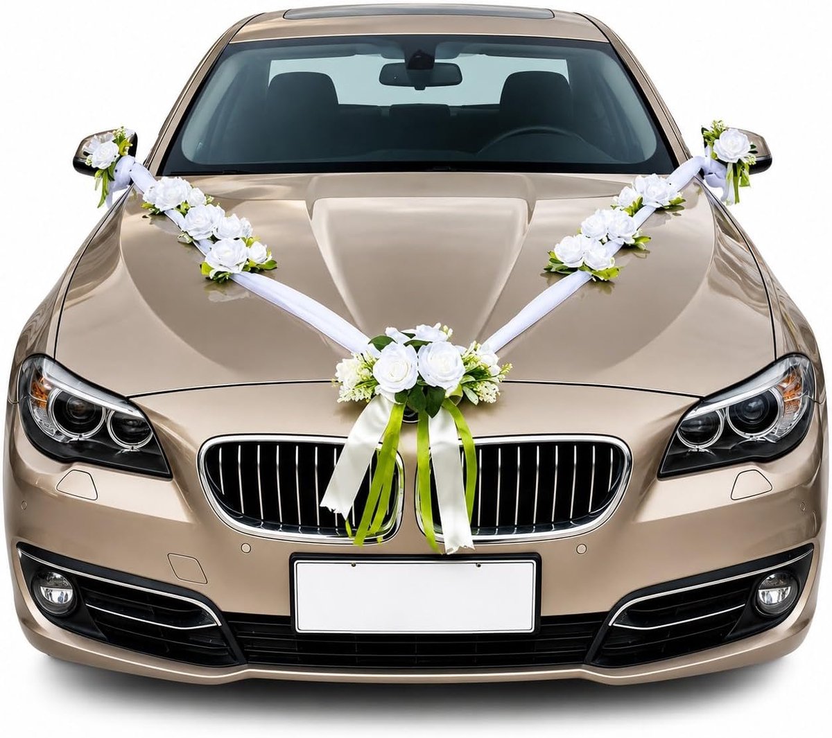 Bruiloftsdecoratie autoversiering - kunstbloemen wit - 13 zijden bloemen + 5 m tule - feestelijke auto versiering - ShopVlot