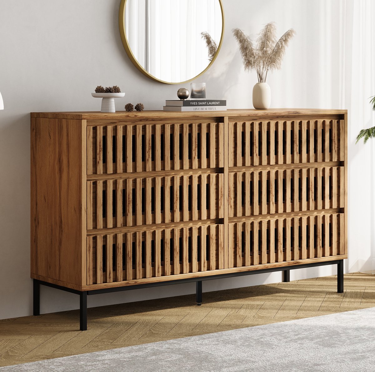 STILVORA Dressoir - Opbergkast Met 6 Lades En Lattenfront - Voor Woonkamer Slaapkamer En Hal - MDF En Spaanplaat - 120x40x81 Cm - Natuurlijk