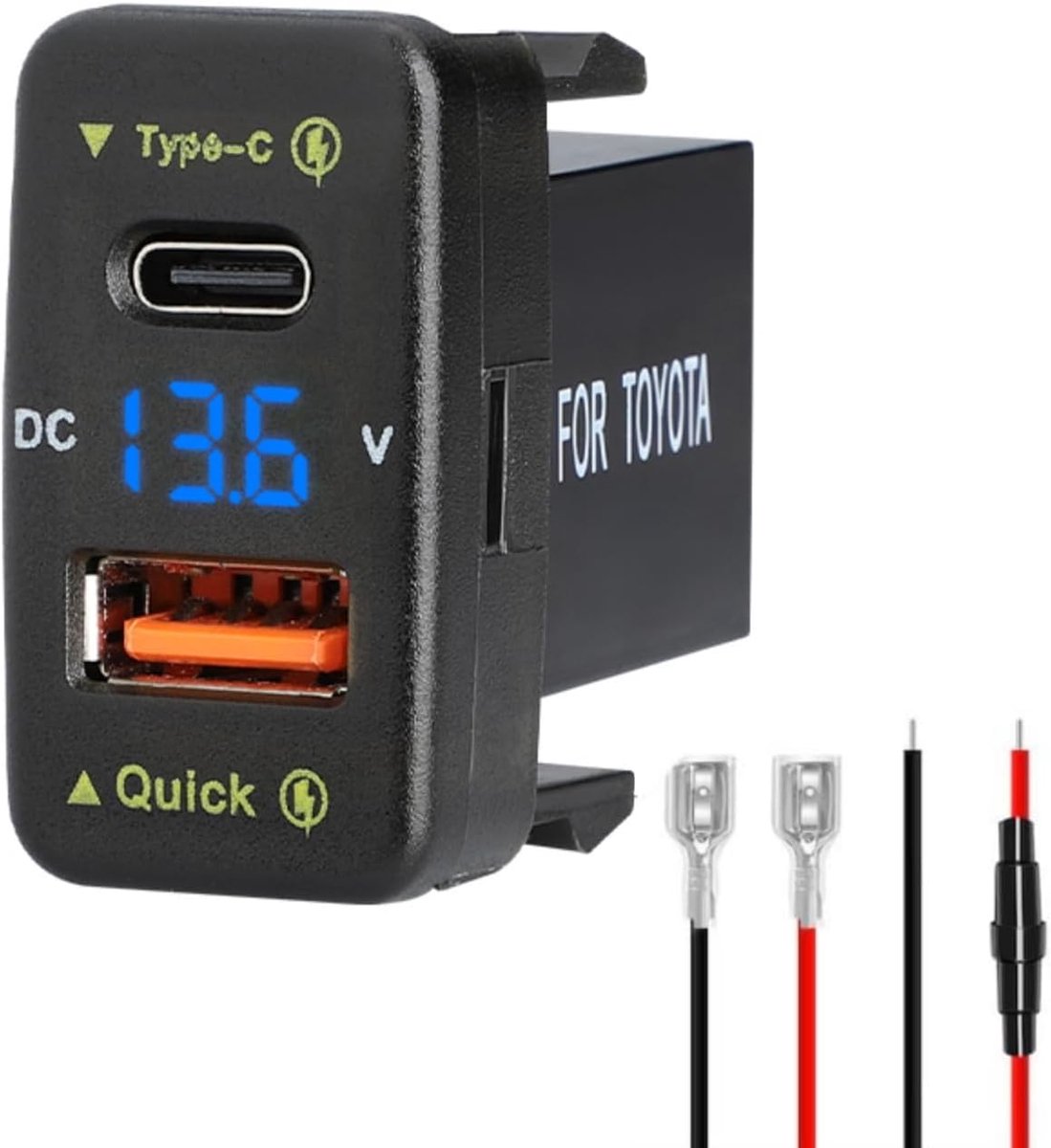 Auto oplader dual 18W USB PD+QC3.0 - Type C USB autosnoer met LED voltmeter - Snelladen voor Toyota - ShopVlot