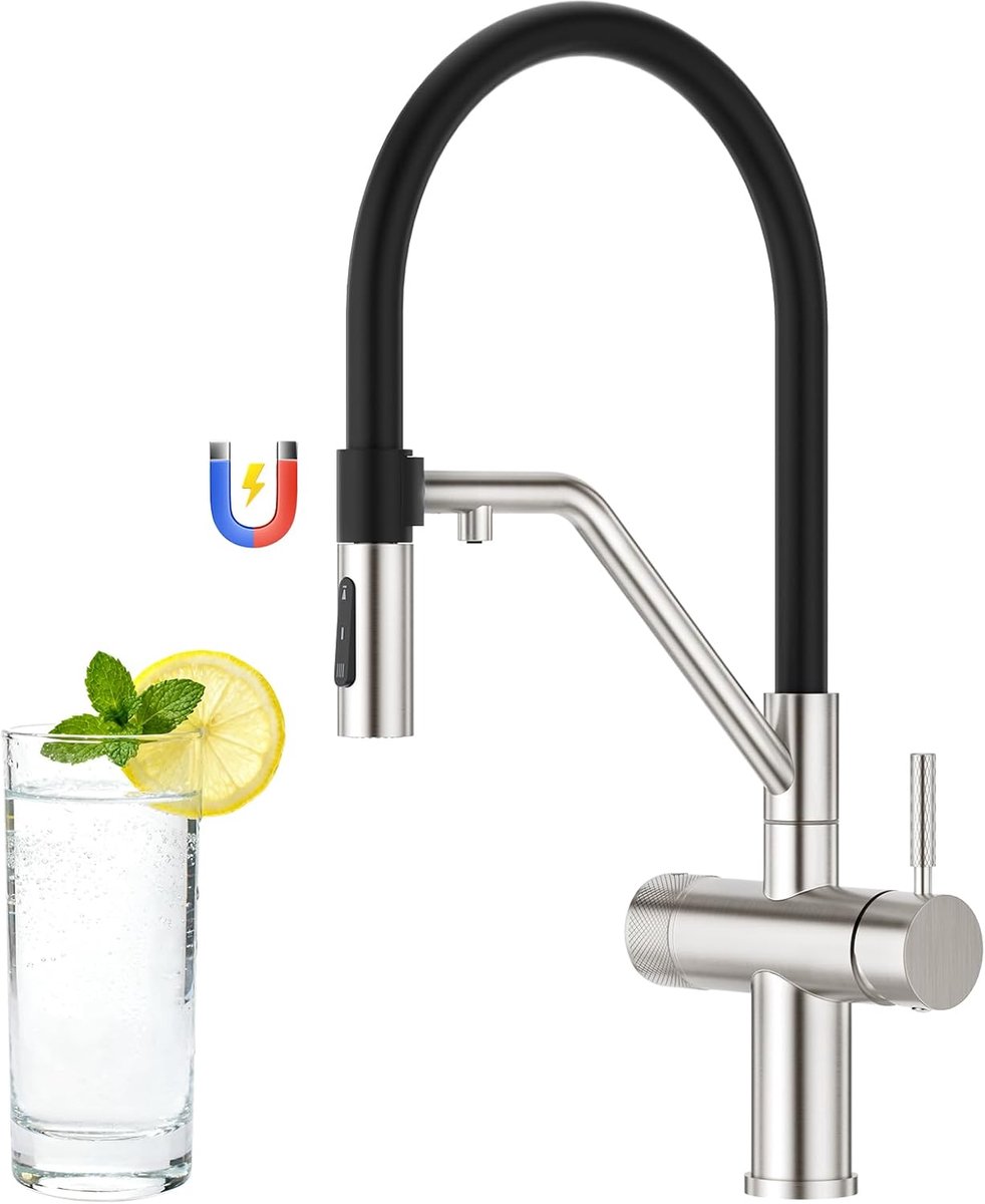 Keukenkranen 3-in-1 - Rvs met Zwart Siliconen Slang - Met Drinkwater Osmose Systeem - Geschikt voor Eén Montagegat - ShopVlot