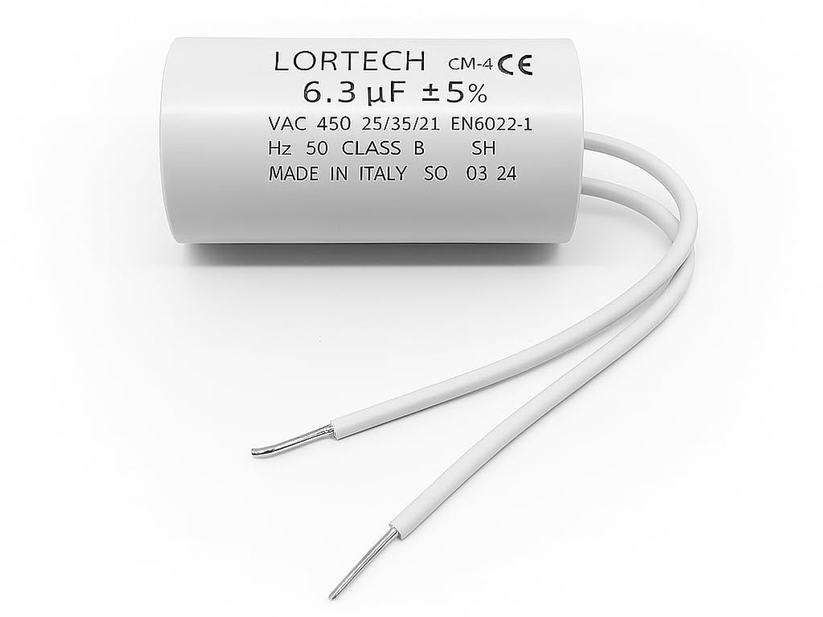 Permanent condensator 6.3 µF - 30 x 55 mm - met 100 mm kabels - ideaal voor elektrische motoren - ShopVlot